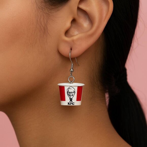 Cute Fried Chicken Bucket Earrings — Mini Food Dangle Jewelry - Picture 2 of 4